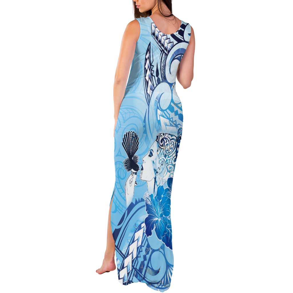 Aotearoa Maori Wahine Tank Maxi Dress Fantail Bird Blue Gold Marble