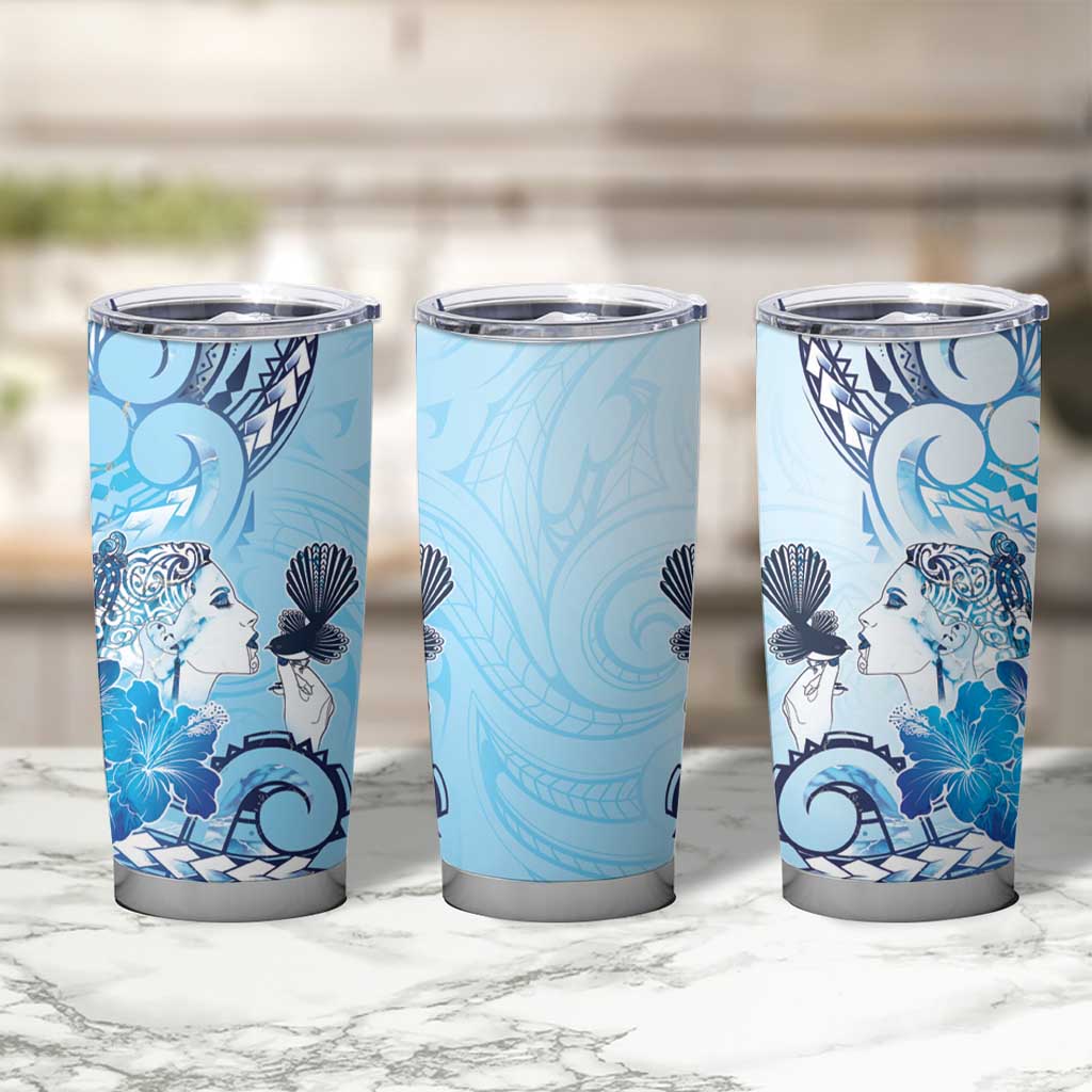 Aotearoa Maori Wahine Tumbler Cup Fantail Bird Blue Gold Marble