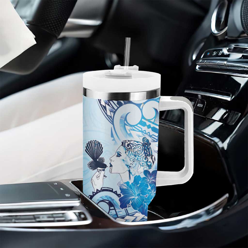 Aotearoa Maori Wahine Tumbler With Handle Fantail Bird Blue Gold Marble