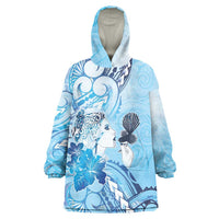 Aotearoa Maori Wahine Wearable Blanket Hoodie Fantail Bird Blue Gold Marble