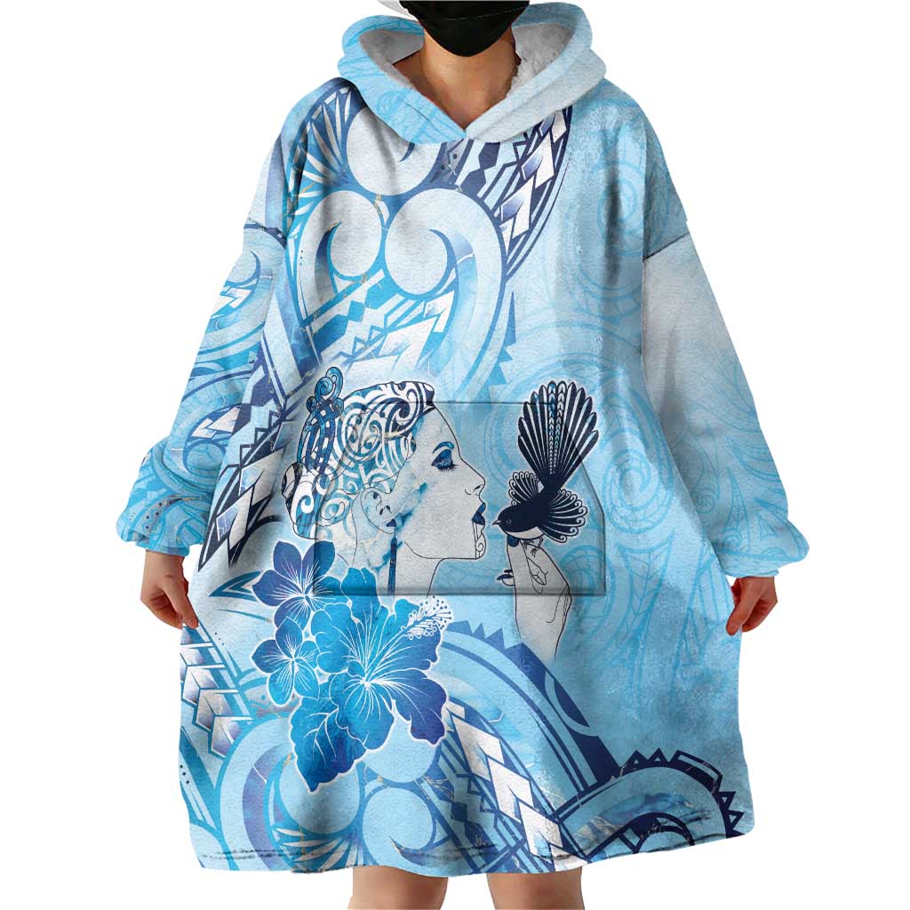 Aotearoa Maori Wahine Wearable Blanket Hoodie Fantail Bird Blue Gold Marble