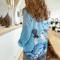 Aotearoa Maori Wahine Women Casual Shirt Fantail Bird Blue Gold Marble