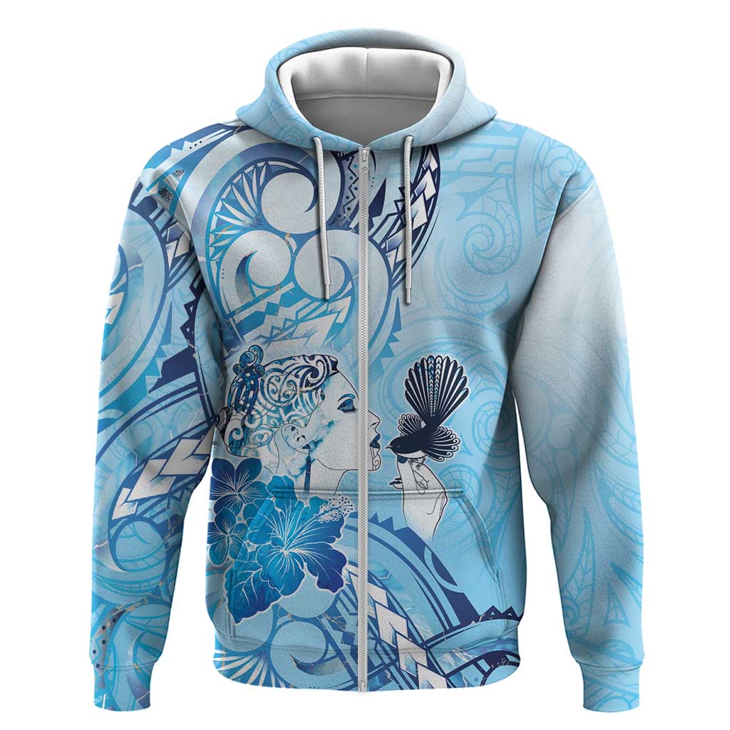 Aotearoa Maori Wahine Zip Hoodie Fantail Bird Blue Gold Marble