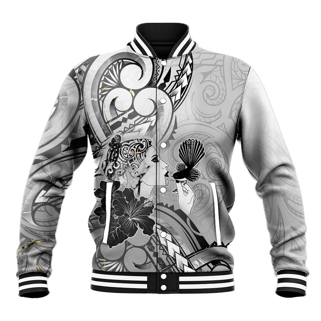 Aotearoa Maori Wahine Baseball Jacket Fantail Bird Black Gold Marble