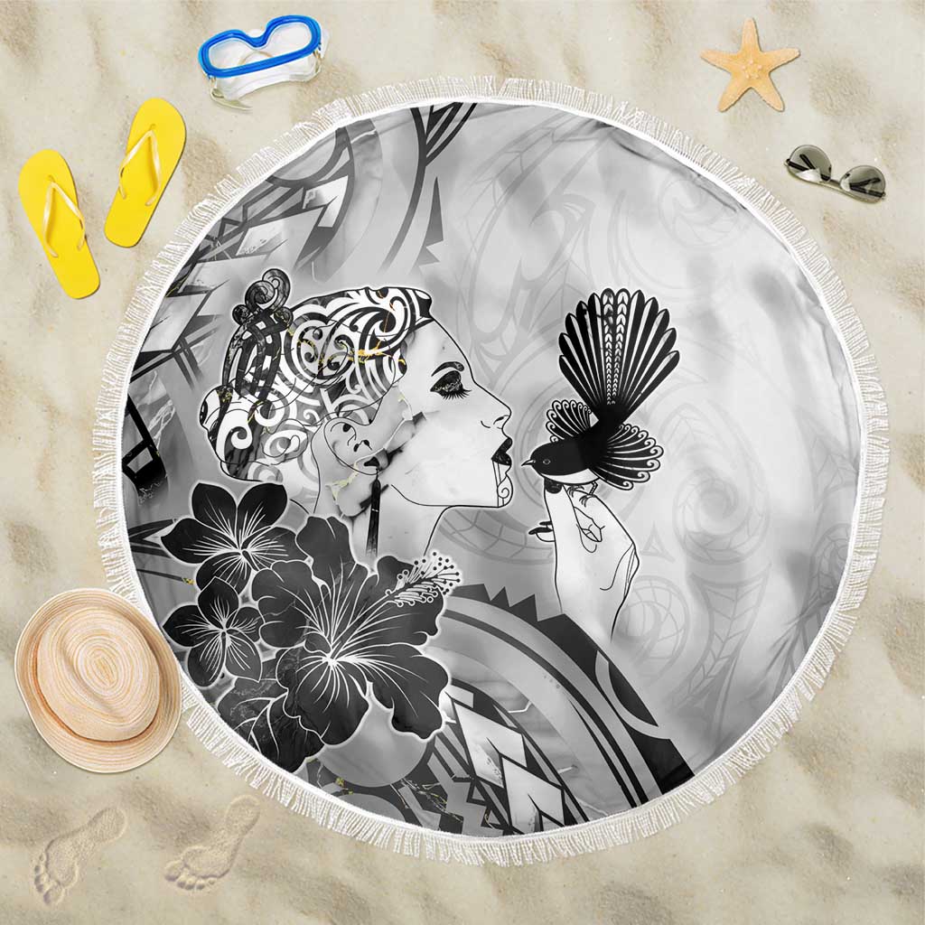 Aotearoa Maori Wahine Beach Blanket Fantail Bird Black Gold Marble