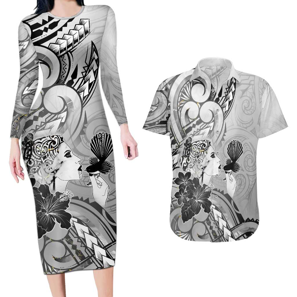 Aotearoa Maori Wahine Couples Matching Long Sleeve Bodycon Dress and Hawaiian Shirt Fantail Bird Black Gold Marble