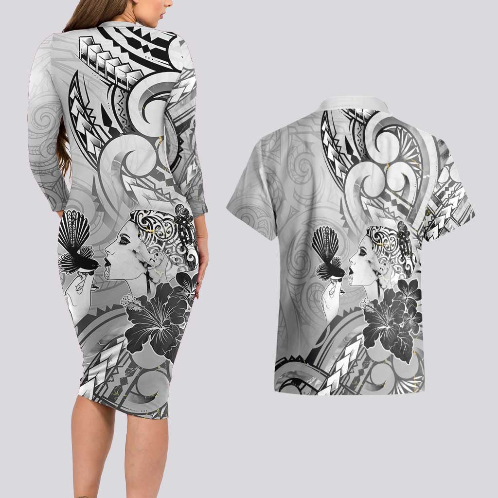 Aotearoa Maori Wahine Couples Matching Long Sleeve Bodycon Dress and Hawaiian Shirt Fantail Bird Black Gold Marble