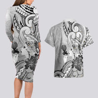 Aotearoa Maori Wahine Couples Matching Long Sleeve Bodycon Dress and Hawaiian Shirt Fantail Bird Black Gold Marble