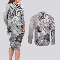 Aotearoa Maori Wahine Couples Matching Long Sleeve Bodycon Dress and Long Sleeve Button Shirt Fantail Bird Black Gold Marble