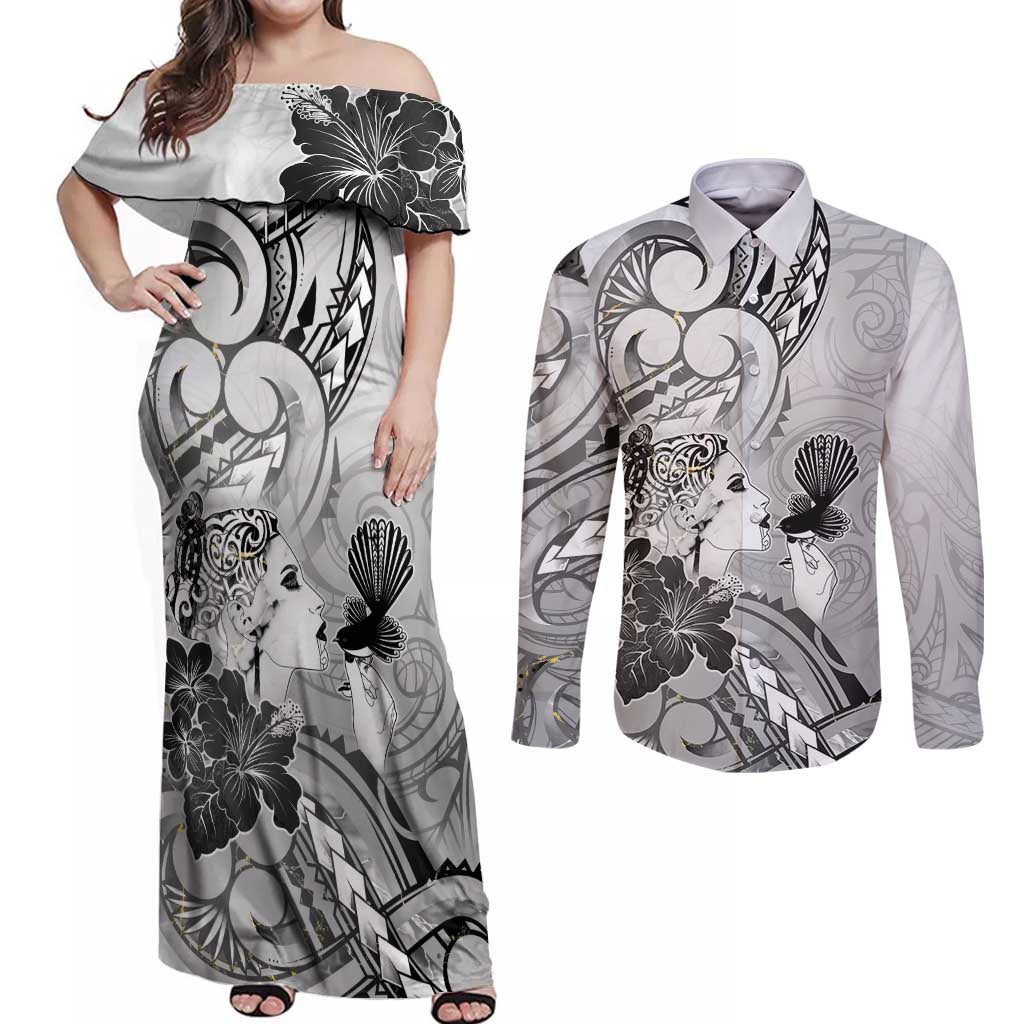 Aotearoa Maori Wahine Couples Matching Off Shoulder Maxi Dress and Long Sleeve Button Shirt Fantail Bird Black Gold Marble