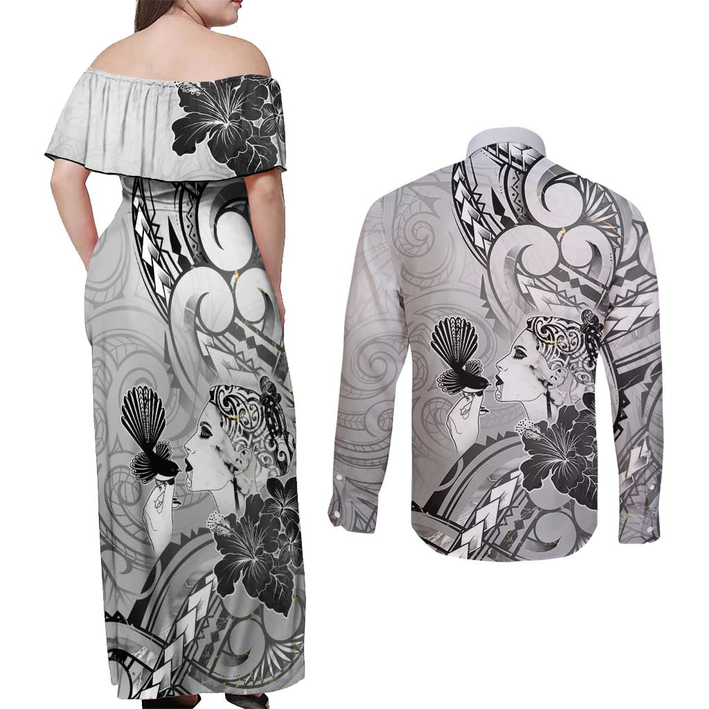 Aotearoa Maori Wahine Couples Matching Off Shoulder Maxi Dress and Long Sleeve Button Shirt Fantail Bird Black Gold Marble