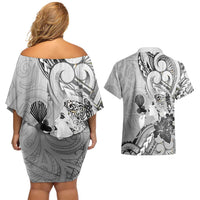 Aotearoa Maori Wahine Couples Matching Off Shoulder Short Dress and Hawaiian Shirt Fantail Bird Black Gold Marble