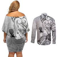 Aotearoa Maori Wahine Couples Matching Off Shoulder Short Dress and Long Sleeve Button Shirt Fantail Bird Black Gold Marble