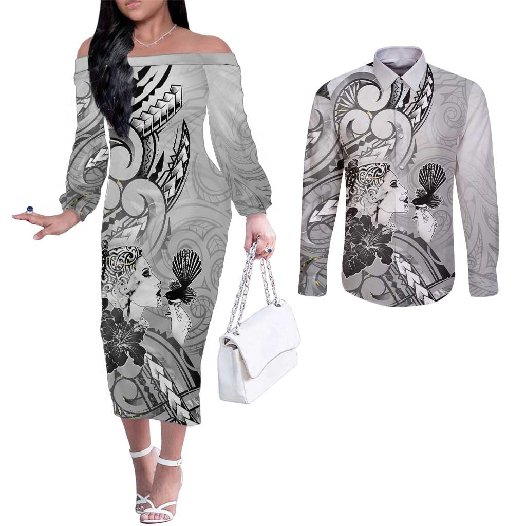 Aotearoa Maori Wahine Couples Matching Off The Shoulder Long Sleeve Dress and Long Sleeve Button Shirt Fantail Bird Black Gold Marble