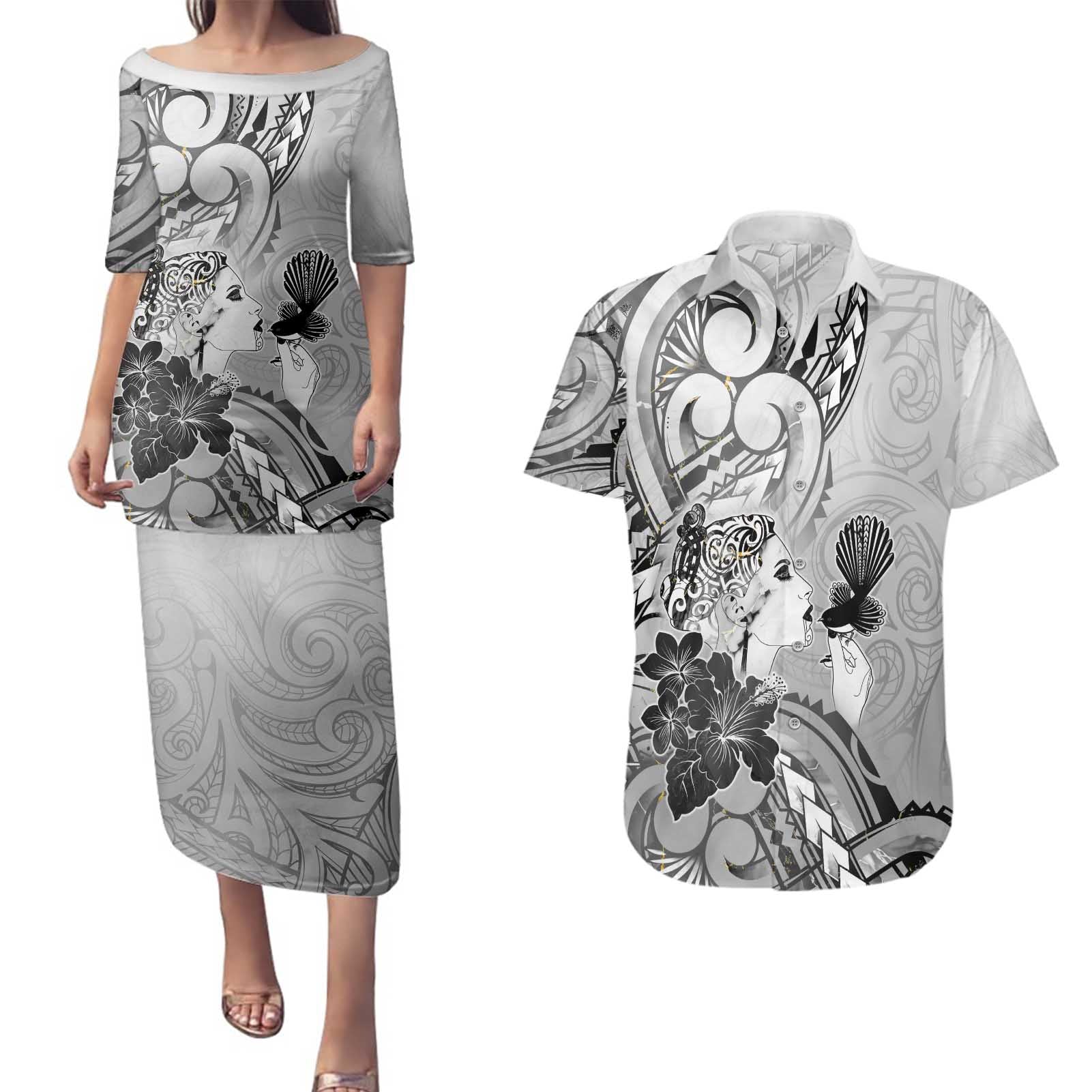 Aotearoa Maori Wahine Couples Matching Puletasi and Hawaiian Shirt Fantail Bird Black Gold Marble