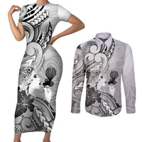 Aotearoa Maori Wahine Couples Matching Short Sleeve Bodycon Dress and Long Sleeve Button Shirt Fantail Bird Black Gold Marble