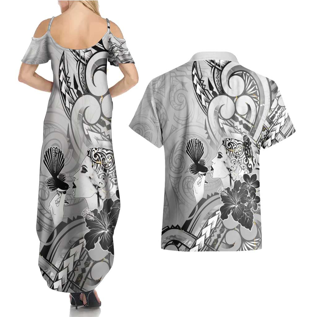Aotearoa Maori Wahine Couples Matching Summer Maxi Dress and Hawaiian Shirt Fantail Bird Black Gold Marble