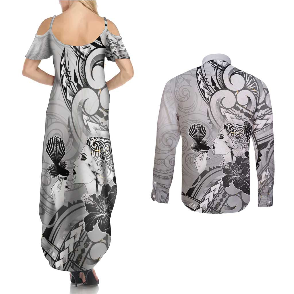 Aotearoa Maori Wahine Couples Matching Summer Maxi Dress and Long Sleeve Button Shirt Fantail Bird Black Gold Marble