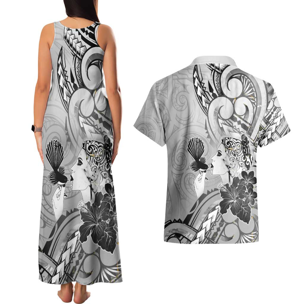 Aotearoa Maori Wahine Couples Matching Tank Maxi Dress and Hawaiian Shirt Fantail Bird Black Gold Marble