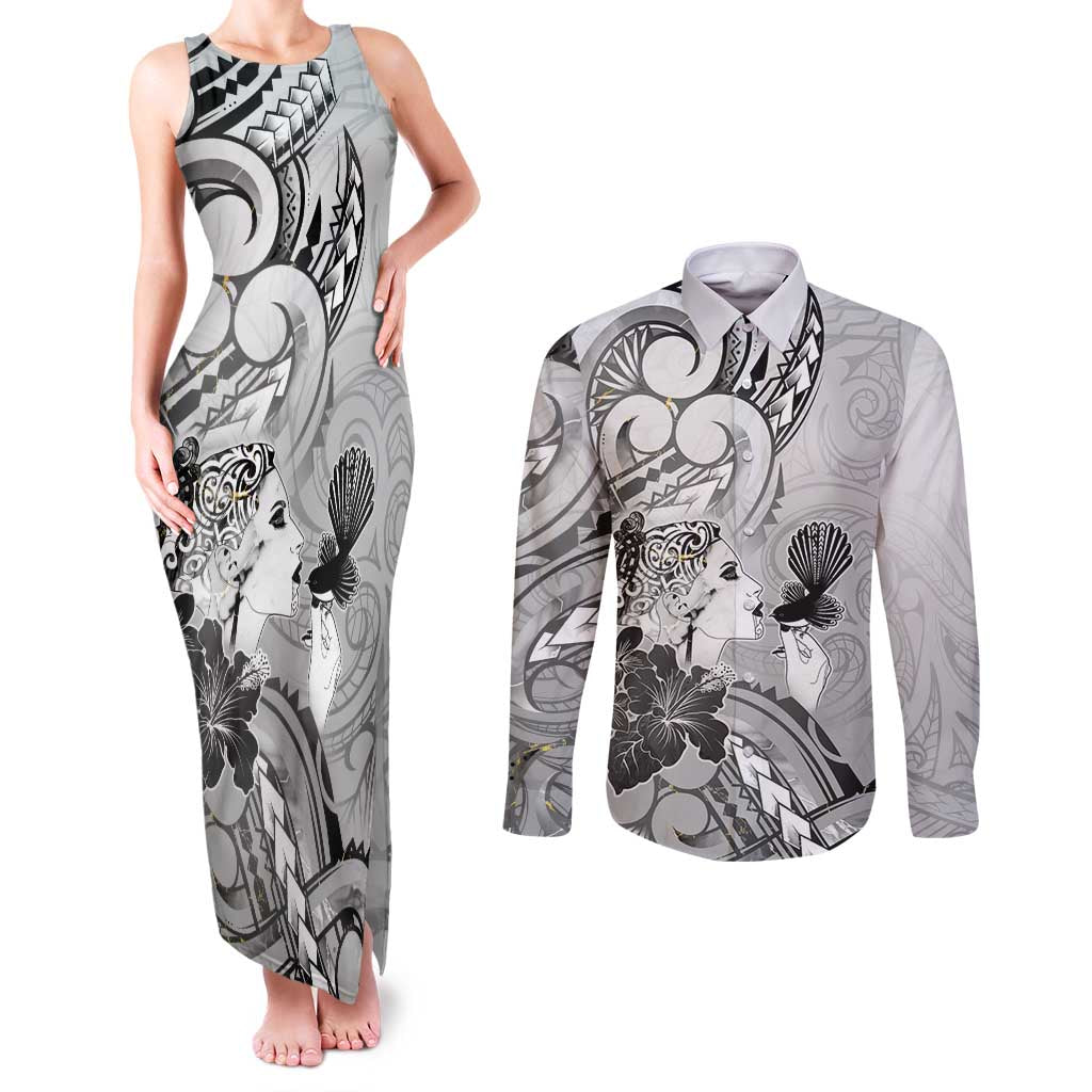 Aotearoa Maori Wahine Couples Matching Tank Maxi Dress and Long Sleeve Button Shirt Fantail Bird Black Gold Marble LT05 Black - Polynesian Pride