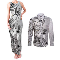 Aotearoa Maori Wahine Couples Matching Tank Maxi Dress and Long Sleeve Button Shirt Fantail Bird Black Gold Marble LT05 Black - Polynesian Pride