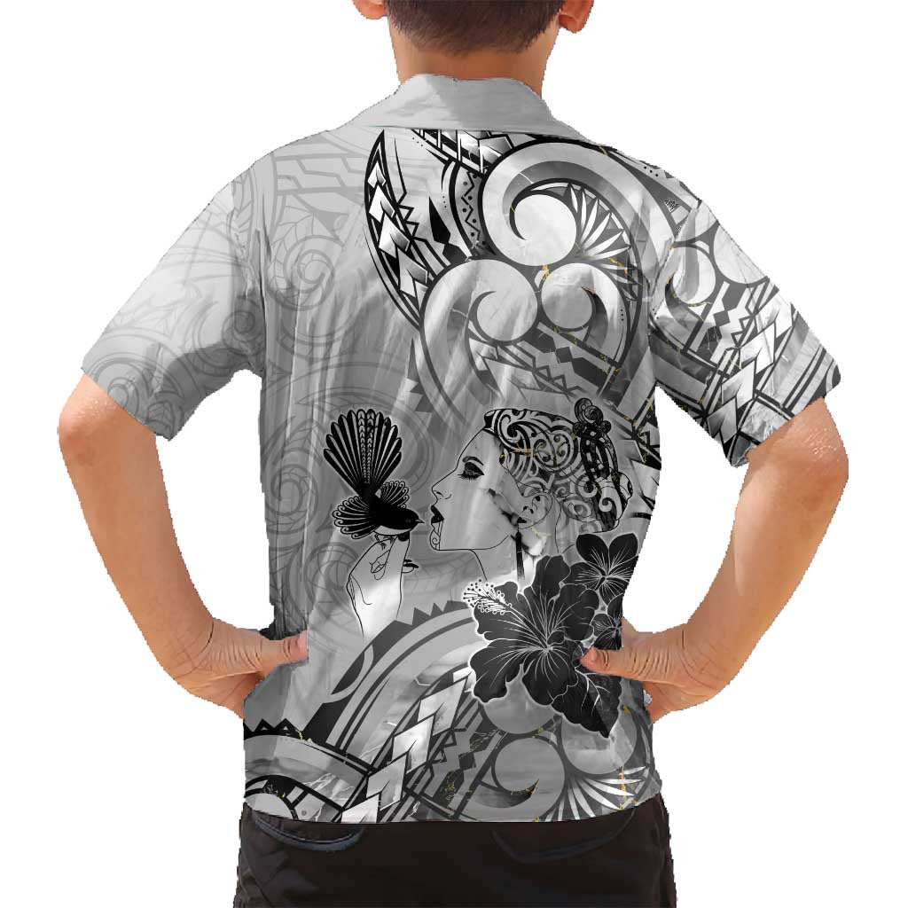 Aotearoa Maori Wahine Family Matching Long Sleeve Bodycon Dress and Hawaiian Shirt Fantail Bird Black Gold Marble