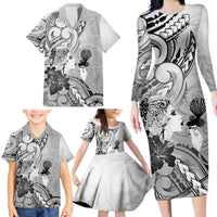 Aotearoa Maori Wahine Family Matching Long Sleeve Bodycon Dress and Hawaiian Shirt Fantail Bird Black Gold Marble