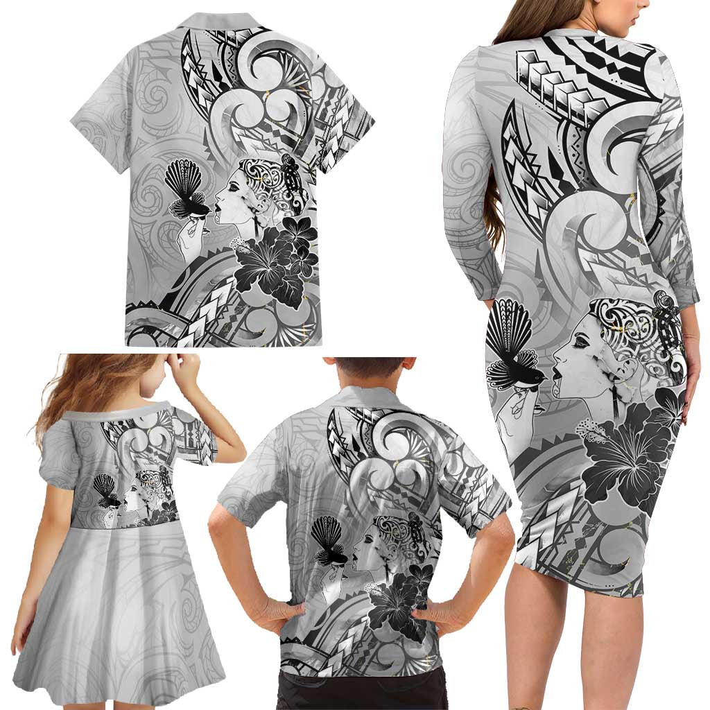 Aotearoa Maori Wahine Family Matching Long Sleeve Bodycon Dress and Hawaiian Shirt Fantail Bird Black Gold Marble