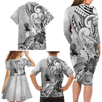 Aotearoa Maori Wahine Family Matching Long Sleeve Bodycon Dress and Hawaiian Shirt Fantail Bird Black Gold Marble