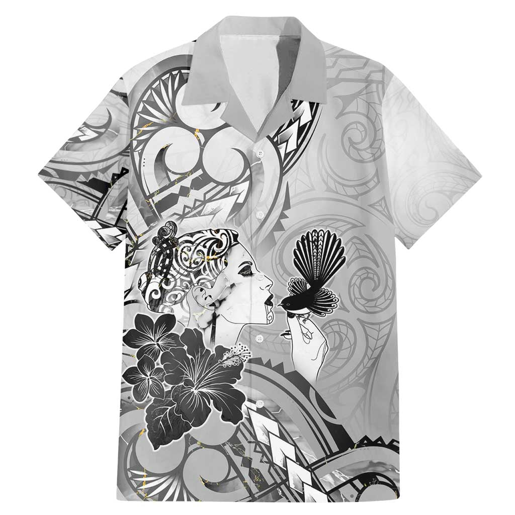 Aotearoa Maori Wahine Family Matching Mermaid Dress and Hawaiian Shirt Fantail Bird Black Gold Marble