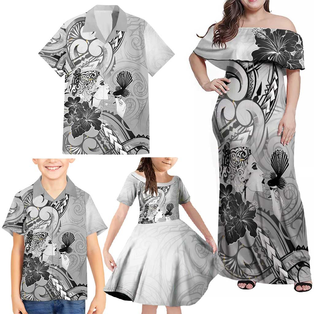 Aotearoa Maori Wahine Family Matching Off Shoulder Maxi Dress and Hawaiian Shirt Fantail Bird Black Gold Marble