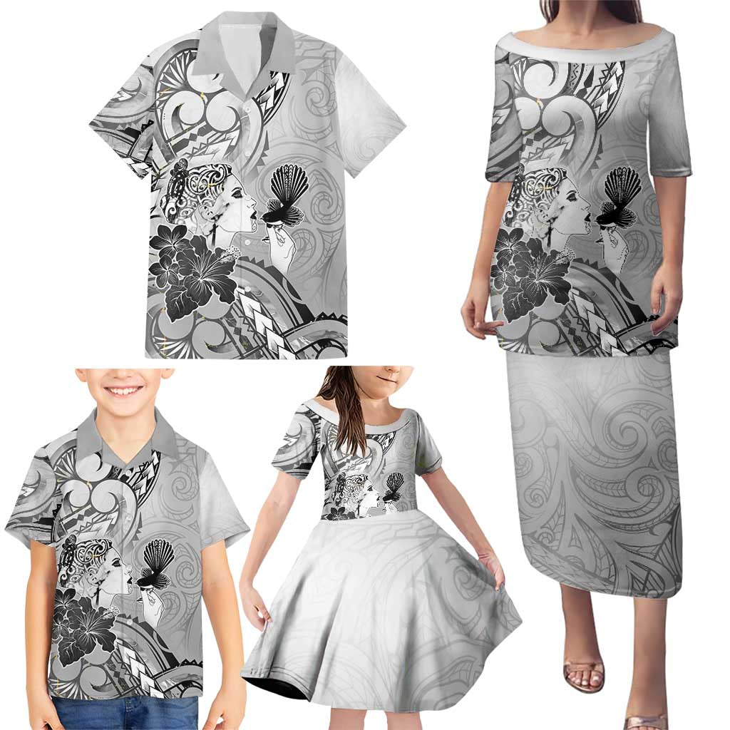 Aotearoa Maori Wahine Family Matching Puletasi and Hawaiian Shirt Fantail Bird Black Gold Marble