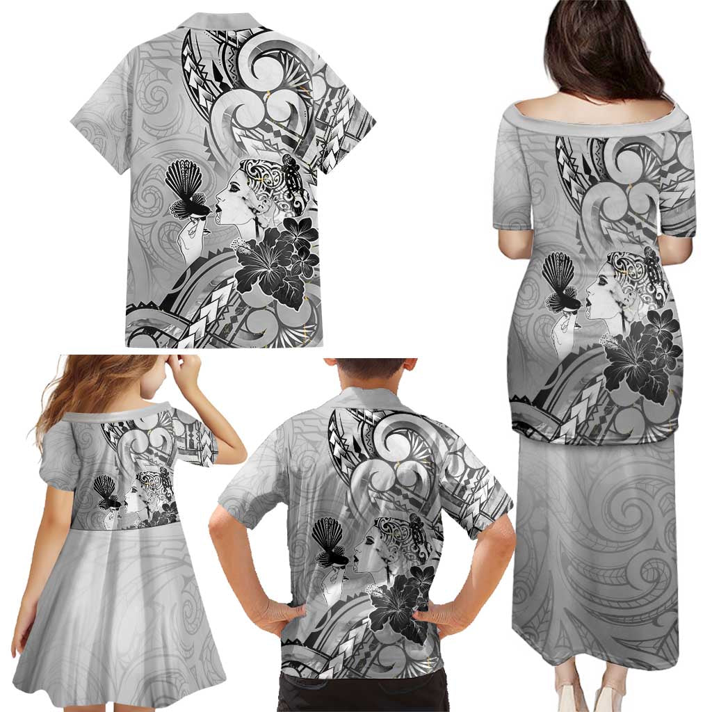 Aotearoa Maori Wahine Family Matching Puletasi and Hawaiian Shirt Fantail Bird Black Gold Marble