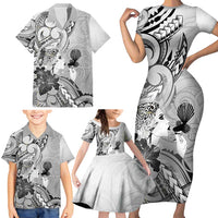 Aotearoa Maori Wahine Family Matching Short Sleeve Bodycon Dress and Hawaiian Shirt Fantail Bird Black Gold Marble