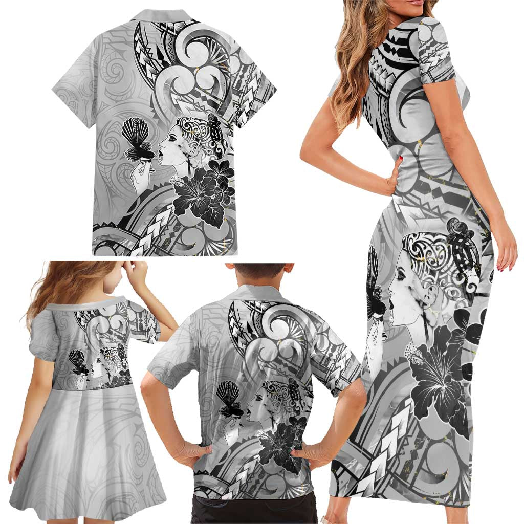 Aotearoa Maori Wahine Family Matching Short Sleeve Bodycon Dress and Hawaiian Shirt Fantail Bird Black Gold Marble