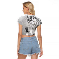 Aotearoa Maori Wahine Raglan Cropped T Shirt Fantail Bird Black Gold Marble