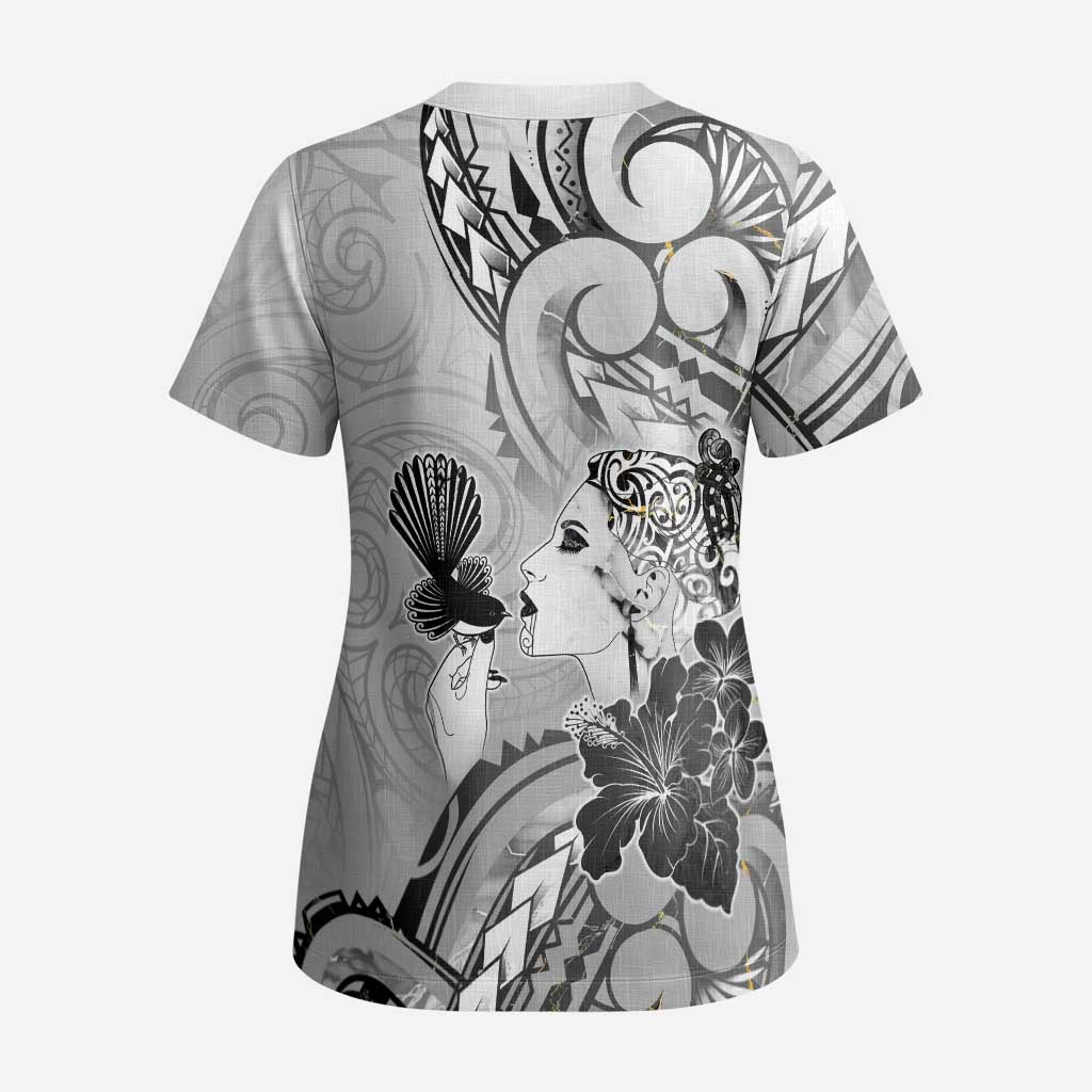 Aotearoa Maori Wahine Scrub Top Fantail Bird Black Gold Marble - Polynesian Pride