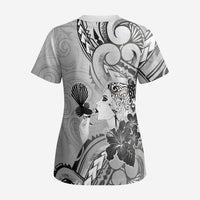 Aotearoa Maori Wahine Scrub Top Fantail Bird Black Gold Marble - Polynesian Pride