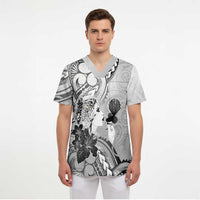 Aotearoa Maori Wahine Scrub Top Fantail Bird Black Gold Marble - Polynesian Pride