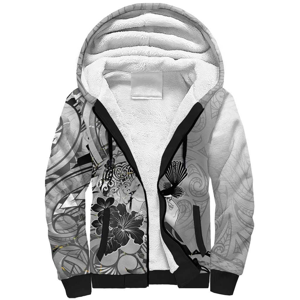Aotearoa Maori Wahine Sherpa Hoodie Fantail Bird Black Gold Marble