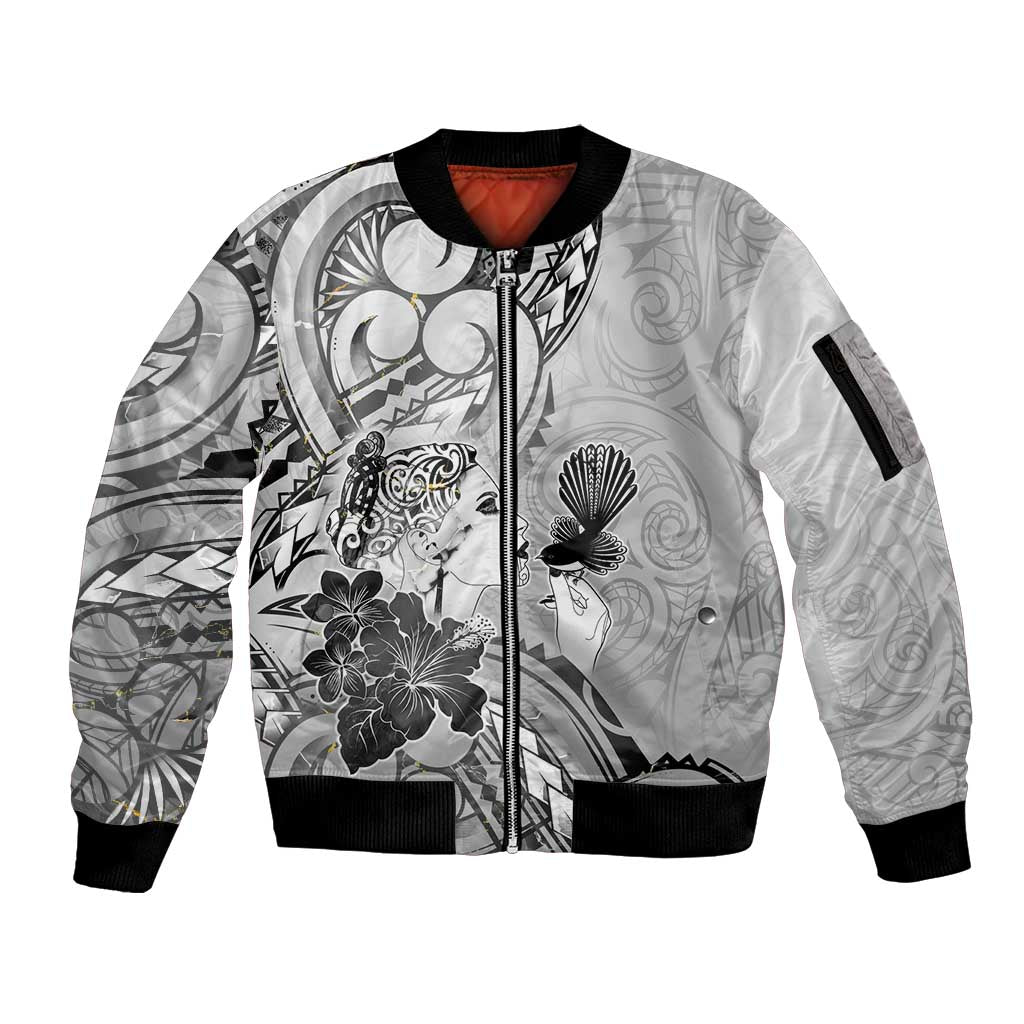 Aotearoa Maori Wahine Sleeve Zip Bomber Jacket Fantail Bird Black Gold Marble