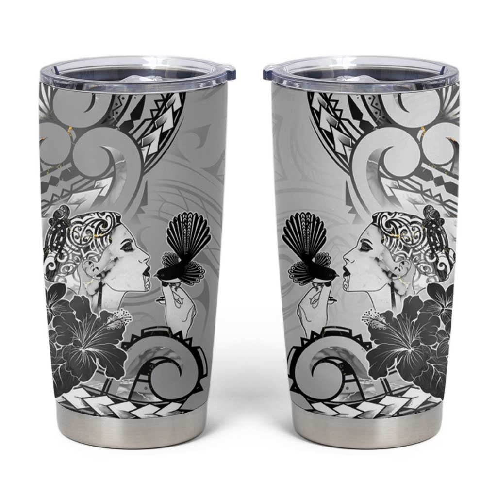 Aotearoa Maori Wahine Tumbler Cup Fantail Bird Black Gold Marble