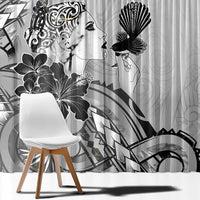 Aotearoa Maori Wahine Window Curtain Fantail Bird Black Gold Marble