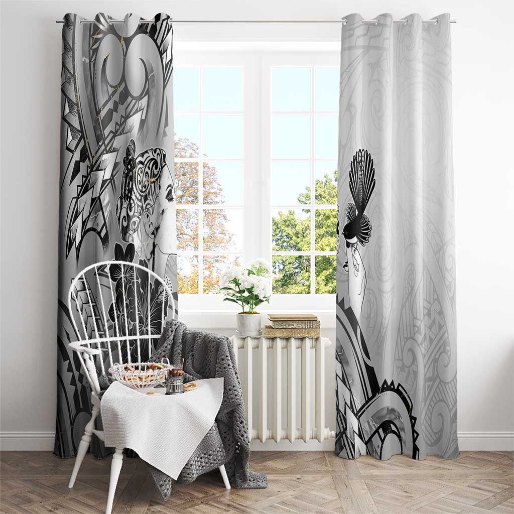 Aotearoa Maori Wahine Window Curtain Fantail Bird Black Gold Marble
