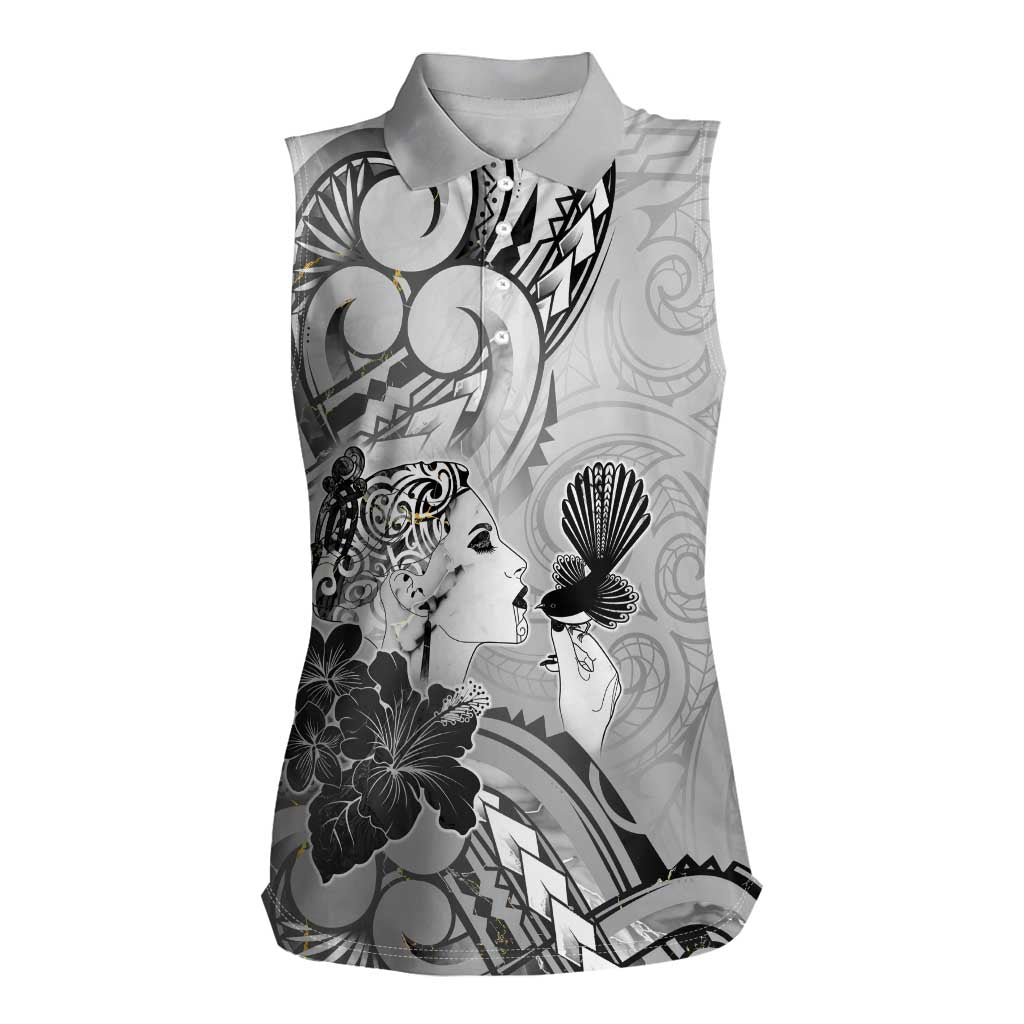 Aotearoa Maori Wahine Women Sleeveless Polo Shirt Fantail Bird Black Gold Marble