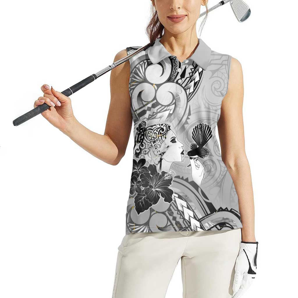 Aotearoa Maori Wahine Women Sleeveless Polo Shirt Fantail Bird Black Gold Marble
