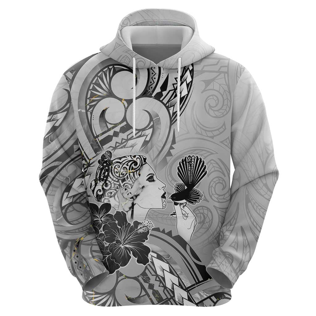 Aotearoa Maori Wahine Zip Hoodie Fantail Bird Black Gold Marble