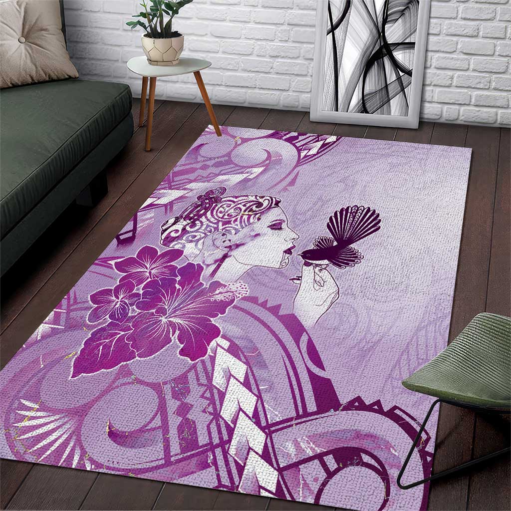 Aotearoa Maori Wahine Area Rug Fantail Bird Purple Gold Marble