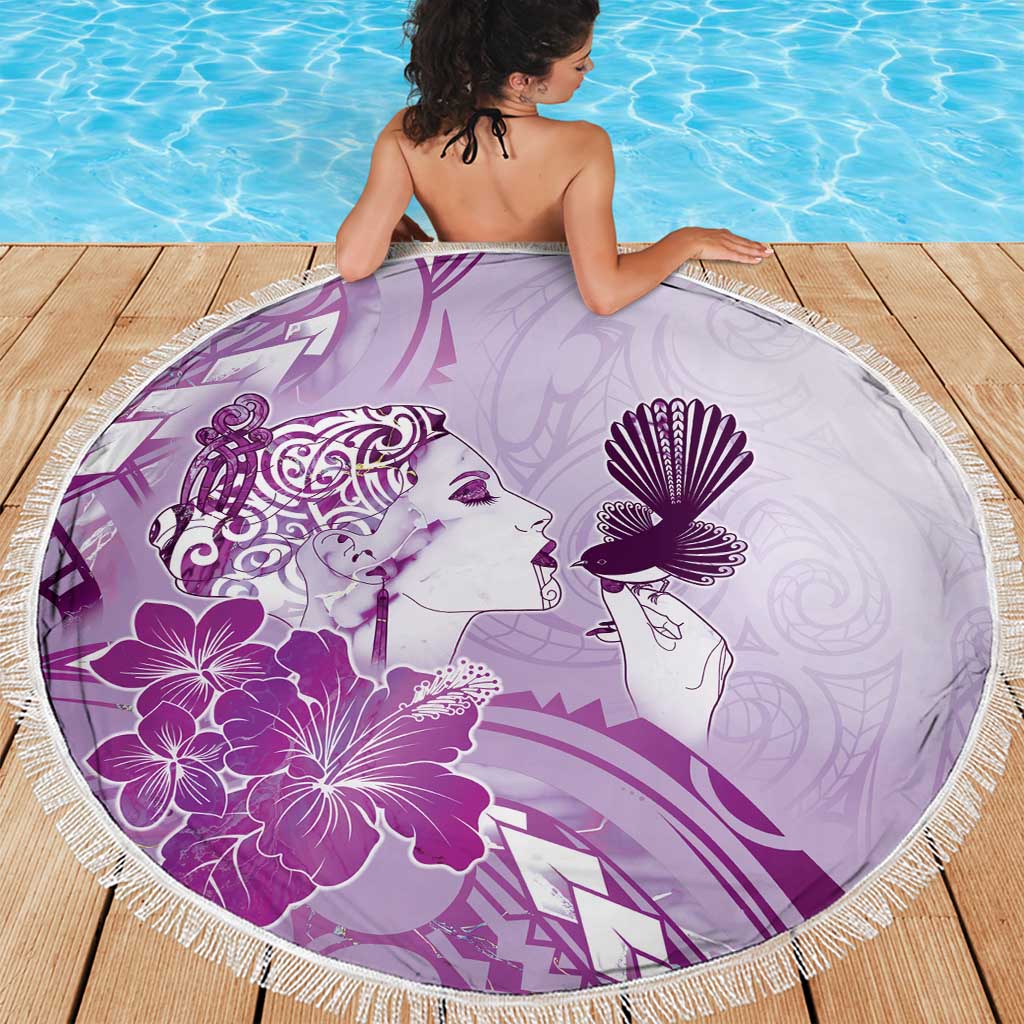 Aotearoa Maori Wahine Beach Blanket Fantail Bird Purple Gold Marble