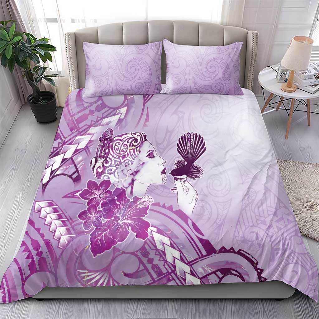 Aotearoa Maori Wahine Bedding Set Fantail Bird Purple Gold Marble